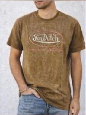 Von Dutch Mustard Brown Short-Sleeve Tee with Motorcycle Graphic, Size L